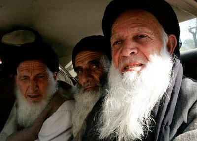 Picture of three bearded old Muslims in the back of a cab