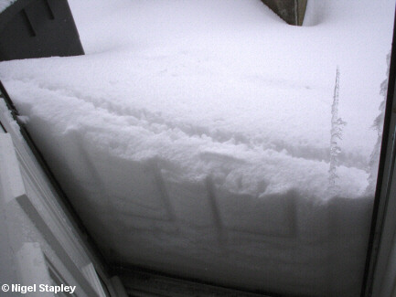 Photo of snow piled up against a door