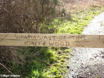 Graffito on a fence saying 'What a wast of time money & wood'