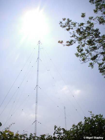 Photo of two transmitter masts with a set of wires strung between them